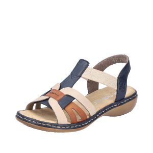 Sandale femme Semelle souple talon plat Elastiqué côtés  RIEKER 65918-90 coloris beige bleu marron