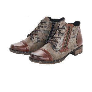 Boots femme Lacets + zip Chaussant large Bottines dame Semelle intérieure amovible REMONTE D4378-25 coloris marron combiné