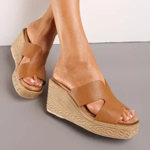 Emeraude – Sandales compensées en Tabac