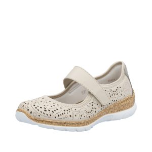 Ballerines Cuir perforé femme Velcro Talon compensé Semelle intérieure amovible RIEKER N4299-60 beige