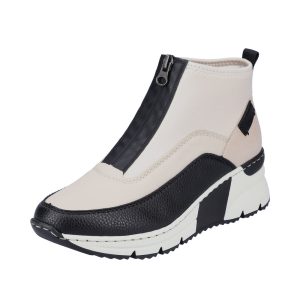 Boots mode femme talon compensé fermeture par zip RIEKER N6352 blanc cassé / noir