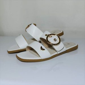 Mule femme, brides à boucle fantaisie, sous pied cuir, talon plat Coloris blanc/or LPB/LES PETITES BOMBES Ines