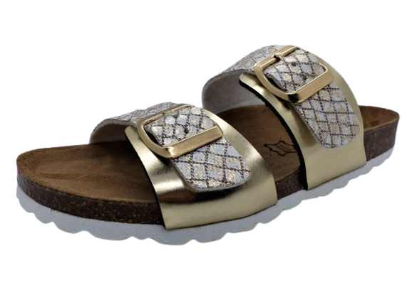 Mule plate brides réglables semelle liège ergonomique BIO TIME coloris multicolore, blanc multi, doré
