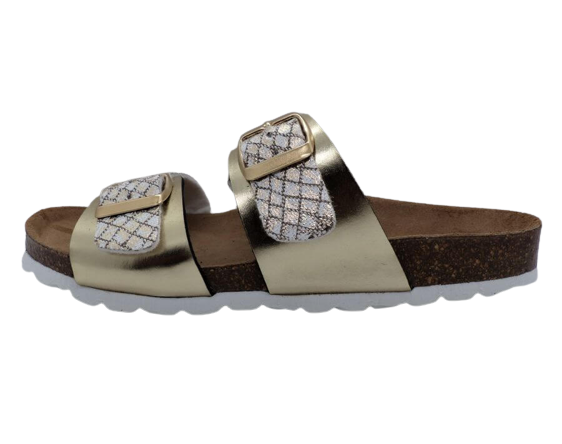 Mule plate brides réglables semelle liège ergonomique BIO TIME coloris multicolore, blanc multi, doré – Image 2