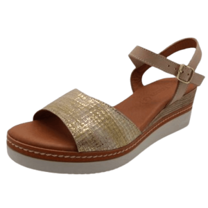 Sandale cuir femme Talon compensé Large bride Semelle intérieure cuir sur gel fermeture à boucle EVA FRUTOS coloris doré/beige