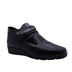 Bottines femme Cuir Doublure textile peluche fermeture velcro Elastiquée côtés Talon compensé Dessus sans couture PEDI GIRL Catogan coloris noir