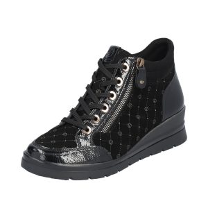 Boots mode cuir femme lacets+zip Talon compensé Doublure chaude REMONTE noir / vernis noir