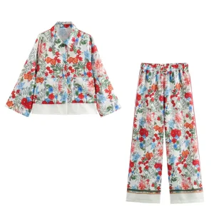 "Fleur de Lin" Ensemble Floral Élégant – Chemise Longue et Pantalon Taille Haute