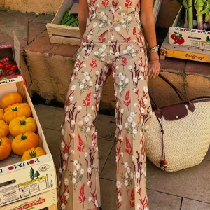 "Fleur de Prairie" Ensemble Vintage Chic – Gilet Imprimé et Pantalon Large