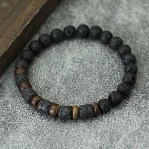 Bracelet en bois naturel avec pierre de lave pour homme