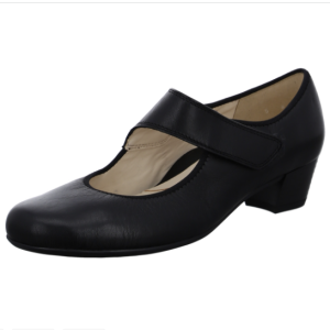 Chaussures cuir forme babies bride velcro femme petit talon carré ARA noir