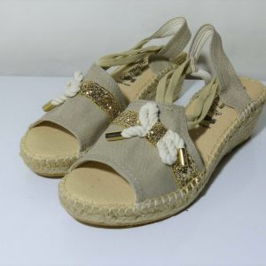 LA MAISON DE L’ESPADRILLE sandales femme, talon compensé, semelle intérieure cuir, coloris beige et or