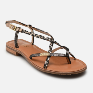 Sandale plate cuir femme Brides fantaisie Forme tong Fermeture à boucle LES TROPEZIENNES monastres noir irisé / or